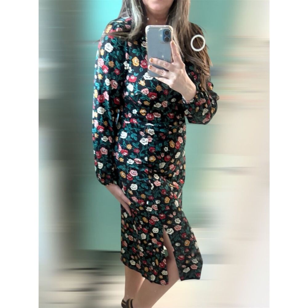 LOFT Outlet Black Long Sleeve Floral Midi Dress Front Slit Petite M NWT